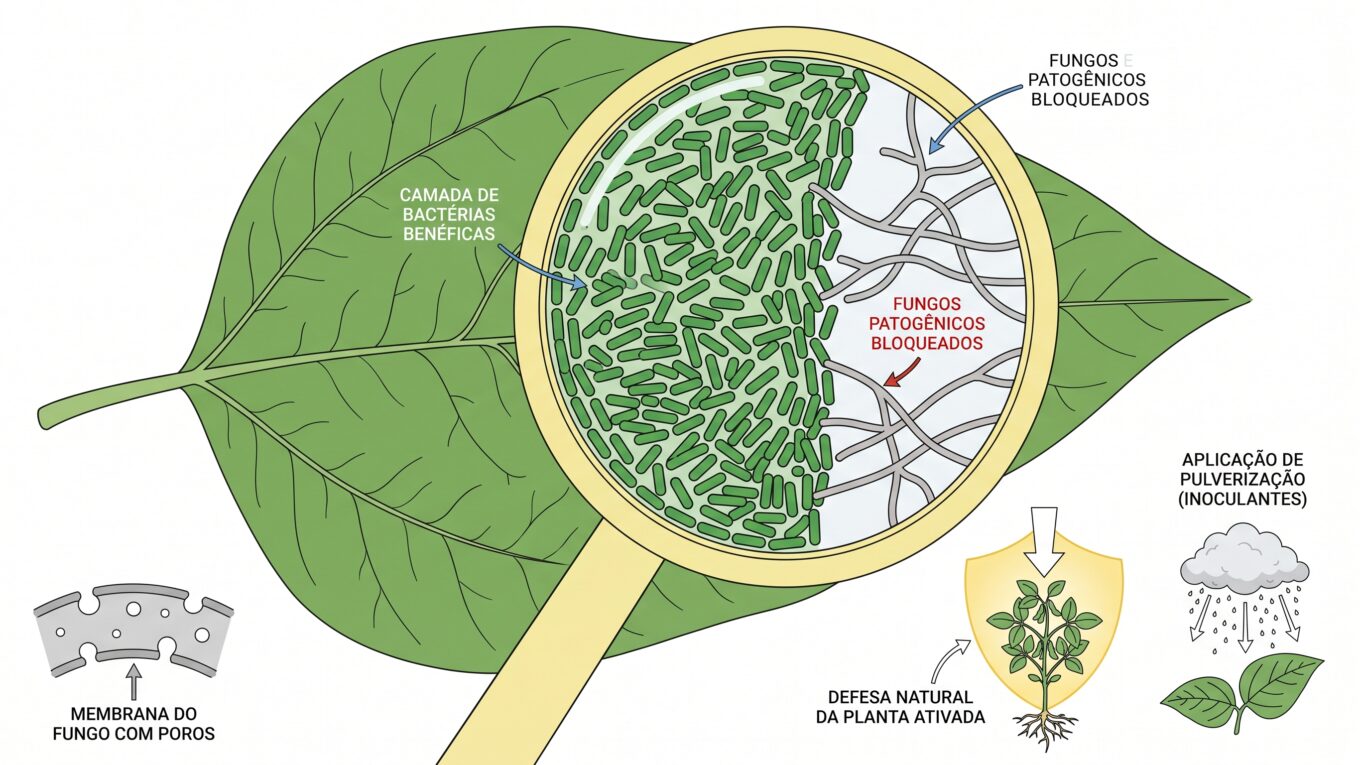 Ilustração didática de bactérias Bacillus formando uma camada protetora sobre a folha de soja e bloqueando o fungo