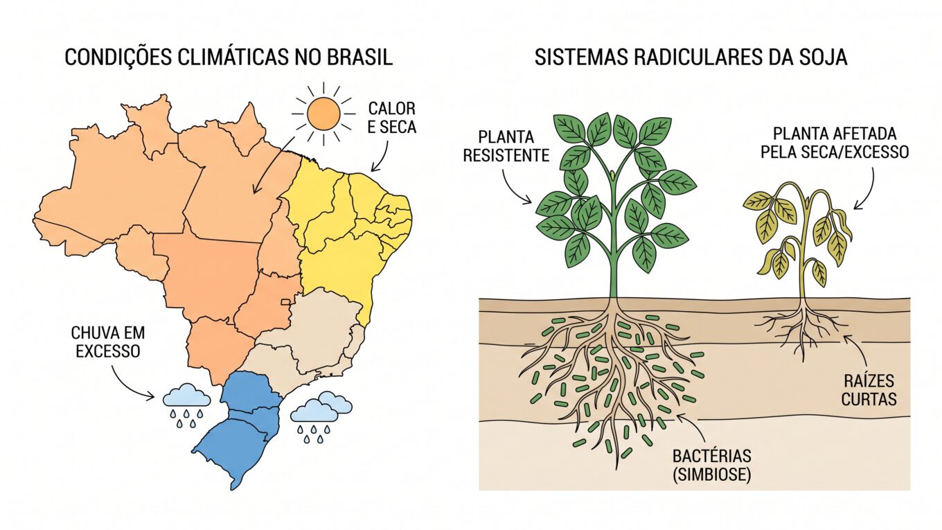 Ilustração didática do El Niño 2026/27 no mapa do Brasil e da soja com raiz profunda protegida pela Priestia aryabhattai
